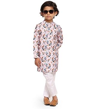 FUNNY BONES Linen Blend Full Sleeves Floral Birds Printed Kurta Pyjama Set - Pink