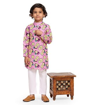 FUNNY BONES Linen Blend Full Sleeves Floral Passion Fruit Printed Kurta Pyjama Set - Lavender