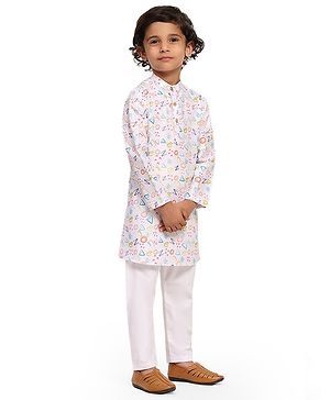 FUNNY BONES Linen Full Sleeves Confetti Printed Kurta Pyjama Set - White