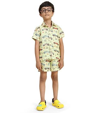 FUNNY BONES Linen Half Sleeves Cars Printed Coordinating Set - Yellow