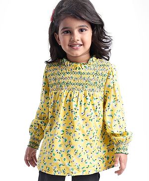 Babyhug Rayon Woven Full Peasant Sleeves Floral Printed Top with Smocking Detailing - Yellow