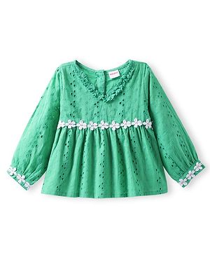 Babyhug Fancy Schifli Woven Full Sleeves Top With Frill Detailing & Flower Patch - Green