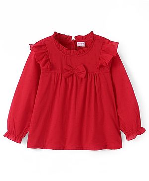 Babyhug Rayon Woven Full Sleeves Solid Colour Top with Bow Applique & Frill Detailing - Red