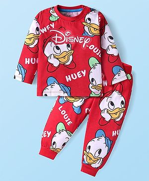 Babyhug Disney Cotton Knit Full Sleeves Night Suit With Donald Duck & Friends Print - Red