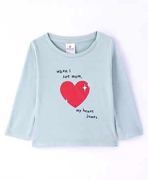 Ollypop Sinker Knit Full Sleeves T-Shirt with Heart & Text Print - Light Blue