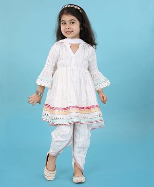 Babyhug Woven Three Fourth Sleeves Mirror Work Embroidered Kurta & Dhoti Set with Dupatta - White