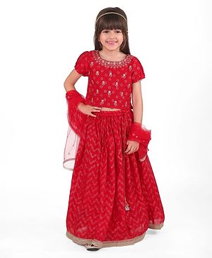 Babyhug Woven Half Sleeve Foil Floral Printed Choli Lahenga Set with Dupatta - Red