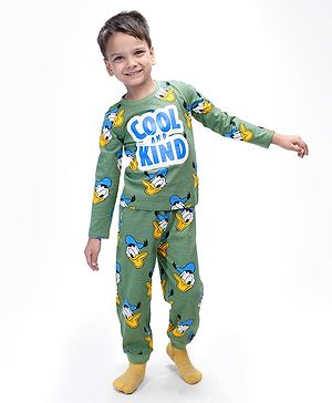 Babyhug Disney Single Jersey Knit Full Sleeves Night Suit with Donald Duck Graphics- Olive Green
