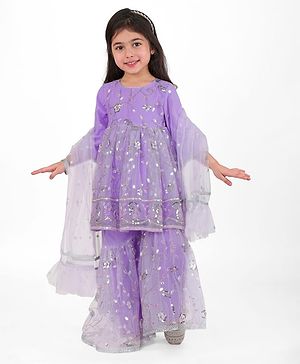 Babyhug Woven Three Fourth Sleeves Sequinned Kurta Gharara Set with Net Dupatta-Lavender
