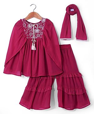 Babyhug Woven Cape Sleeves Kaftan Style Kurti Gharara Set with Dupatta & Sequin Embroidery - Hot Pink