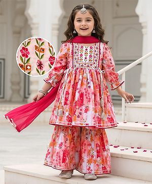 Babyhug Cotton Woven Peasant Sleeves Floral Printed Kurti Gharara & Dupatta Set with Tassle Detailing - Peach