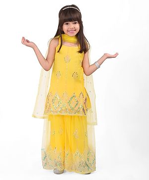 Babyhug Woven Sleeveless Net Sequins Embroidered Kurti Palazzo Set with Dupatta - Yellow