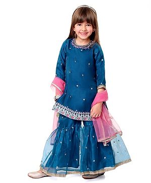 Babyhug Woven Three Fourth Sleeves Organza Embroidered Kurti Gharara & Dupatta Set with Tassle Detailing - Teal