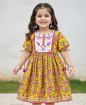 Babyhug Cotton Woven Short Sleeves Cambric Floral Printed Ethnic Dress with Embroidery - Yellow