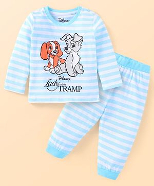 Babyhug Disney Single Jersey Knit Full Sleeves Striped Night Suit with Lady And The Tramp Graphics - Light Blue & White