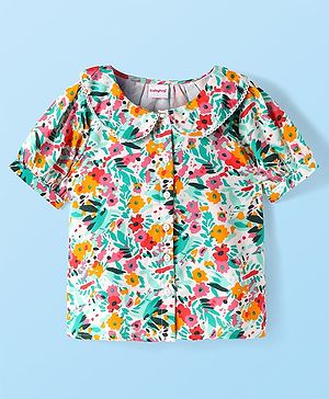 Babyhug Rayon Woven Half Sleeves Front Open Petar Pan Collar Top With Floral Print - Green Pink