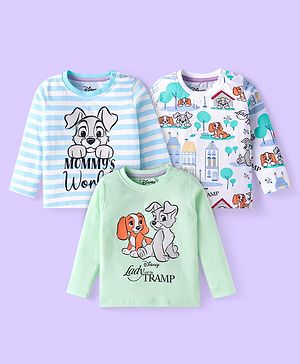 Babyhug Disney Single Jersey Knit Full Sleeves T-Shirts With Lady & The Tramp Graphics Pack of 3 - Sea Green & Light Blue