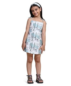 FUNNY BONES Linen Blend Sleeveless Deer & Tree Printed Dress - Blue