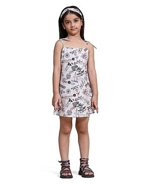 FUNNY BONES Linen Blend Sleeveless Boat & Text Printed Dress - Beige