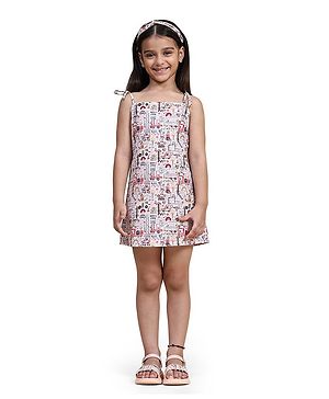 FUNNY BONES Linen Blend Sleeveless Vehicles Printed Dress - Peach