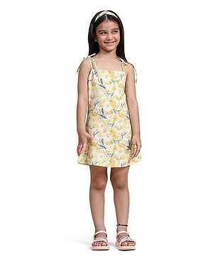 FUNNY BONES Linen Blend Sleeveless Lemons Printed Dress -Yellow