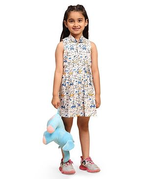 FUNNY BONES Sleeveless Dinosaurs On Car Printed Dress - White