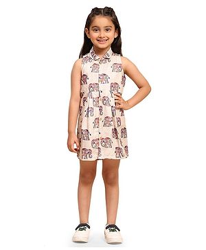 FUNNY BONES Sleeveless Royal Elephants Printed Dress - Cream