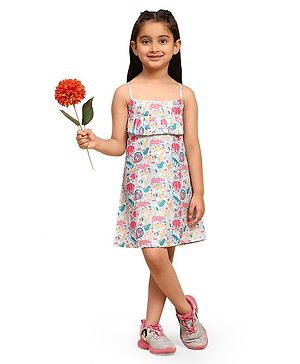 FUNNY BONES Sleeveless Floral & Animals Printed Dress - Blue & Pink