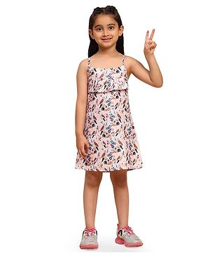 FUNNY BONES Sleeveless Floral & Birds Printed Dress - Peach