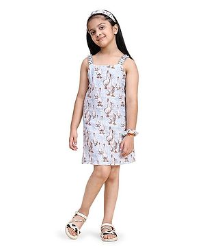 FUNNY BONES Linen Sleeveless Geese Printed Dress - Light Blue