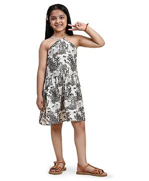 FUNNY BONES Linen Halter Neck Wildlife Printed Dress - Dark Grey