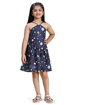 FUNNY BONES Linen Halter Neck Space Theme Printed Dress - Navy Blue