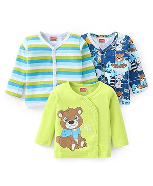 Babyhug 100% Cotton Knit Full Sleeves Striped & Bear Printed Front Open Vests Pack of 3 - Limegreen White & Blue
