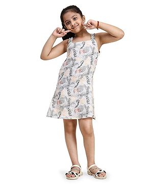 FUNNY BONES Linen Sleeveless Leaves Printed Dress - Grey