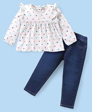 Babyhug Rayon Woven Full Sleeves Printed Frill Detailed Top With Denim Jeans - Light Grey & Blue