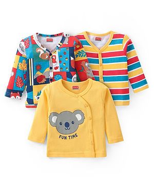 Babyhug 100% Cotton Knit Full Sleeves Striped & Koala Bear Printed Vests Pack of 3 - Red & Mustard