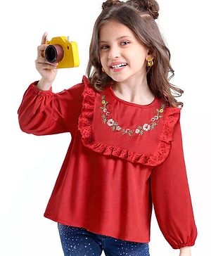 Babyhug Rayon Woven Full Sleeves Top with Frills & Foral Embroidery - Red