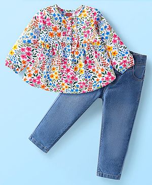 Babyhug Single Jersey Knit Full Sleeves Floral Printed Top & Denim Jeans Set - Blue