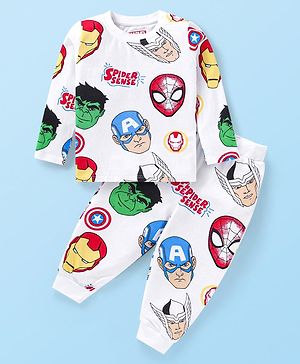 Babyhug Marvel Single Jersey Knit Full Sleeves Night Suit With Avengers Graphics - White