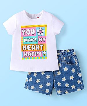Babyhug Single Jersey Knit Half Sleeves Text Printed Top & Denim Shorts Set - White & Blue