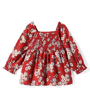 Babyhug Rayon Woven Full Sleeves Top With Smocking Detailing & Floral Print - Red