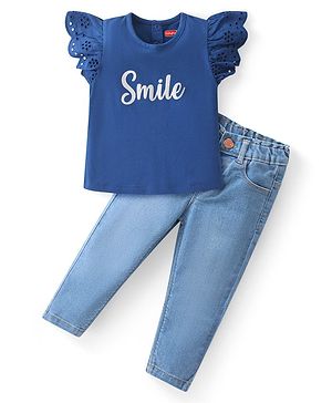 Babyhug Cotton Knit Flutter Sleeves Text Printed Top & Denim Jeans Set -Navy