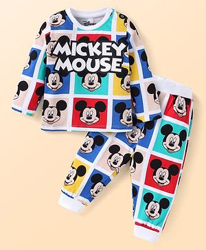 Babyhug Disney Single Jersey Knit Full Sleeves Night Suit with Mickey Mouse Graphics- Red Blue & Yellow