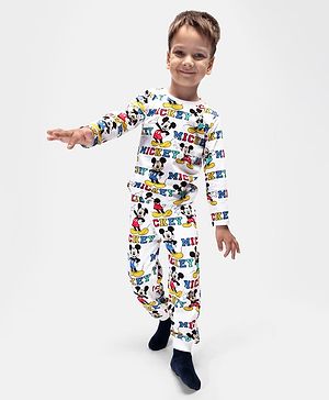Babyhug Disney Cotton Knit  Full Sleeves Night Suit With Mickey Mouse Print - White