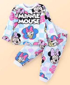 Babyhug Disney Single Jersey Knit Full Sleeves Night Suit With Minnie Mouse Graphics - Light Blue