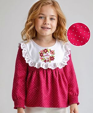 Babyhug Woven Full Sleeves Rayon Top With Frill Detailing & Floral Embroidery - Dark Pink