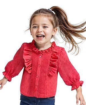 Babyhug Woven Full Peasant Sleeves Swiss dobby Top With Frill  - Red