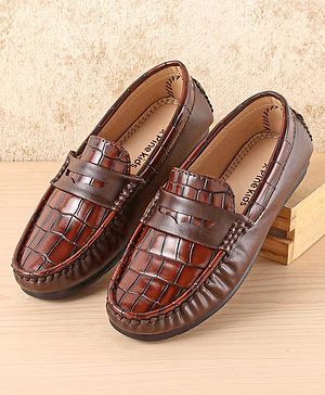 Pine Kids Slip On Party Wear Loafers with Crocodile Texture Design - Brown