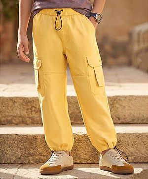 Pine Kids Cotton Woven Full Length Solid Color Track Pant With Cargo Pockets  -  Mustard
