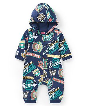 Babyhug 100% Cotton Interlock Knit Full Sleeves Hooded Romper with Text Print - Navy